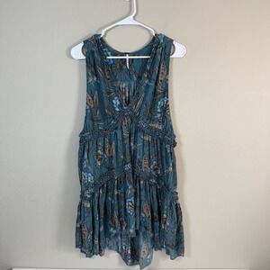 Free People Teal Blue Floral Bird Boho Tunic Top Medium Festival Flowy Whimsical